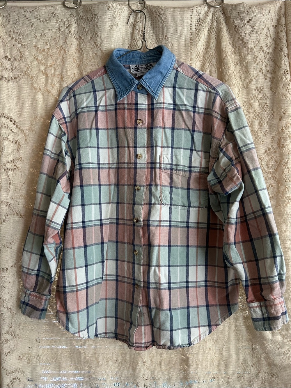 Vintage Original Cotton Express Blues Plaid Shirt with Denim Collar